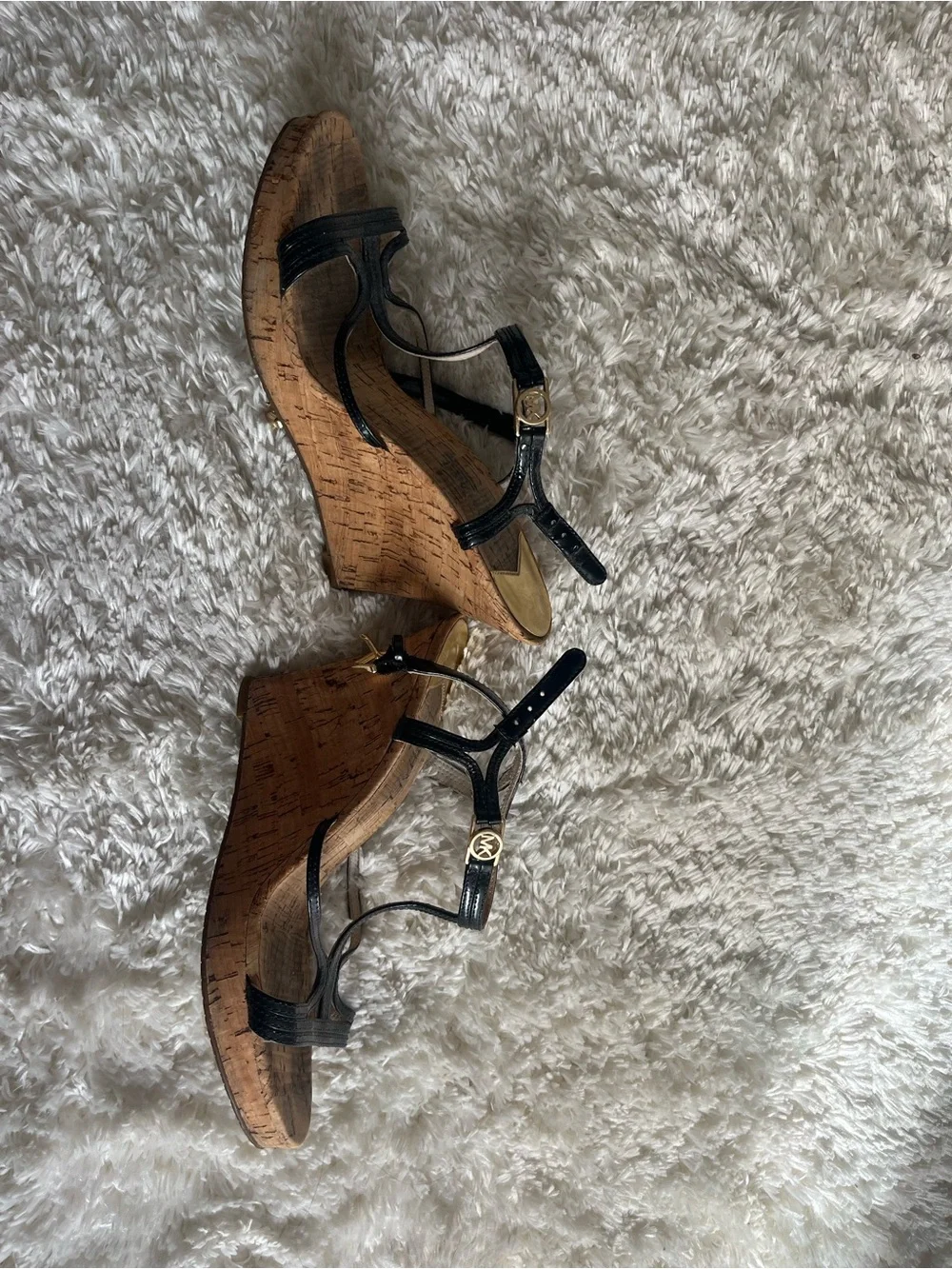Michael Kors Black Leather T-Strap Cork Wedge Sandals